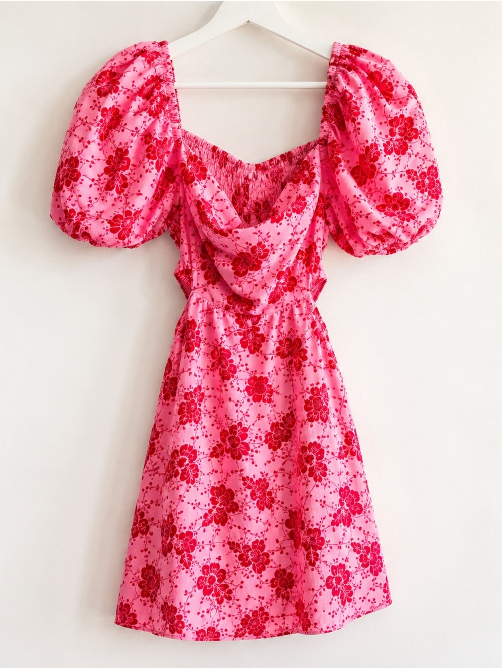Lush Pink Mini Dress with Red Floral Print